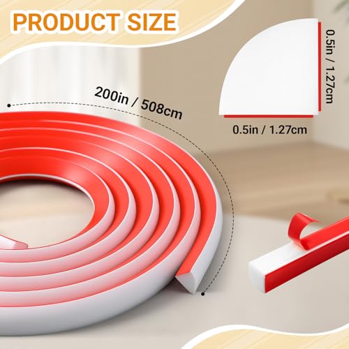 White Rubber Flexible 200 Inch Flexible Quarter Round Molding, Silicone Rubber Peel and Stick Shower Water Barrier Suitable for Shower Pans Corner and the Base of Staircase