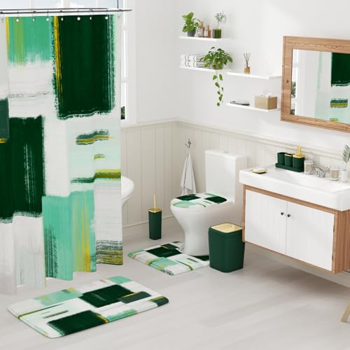 XLHOMO Bathroom Accessories Set - 25PC Bathroom Set with Shower Curtain and Rugs, Green Bathroom Set, Bathroom Accessory Set with Press-on Lid Trash Can, Soap Dispenser and Qtip Holders - color: Green & Gold, size: Plaid Complete Set + Bath Rugs