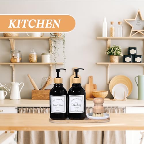 Zopeal 4 Pcs 16 oz Kitchen Soap Dispenser Set with Bamboo Tray and Dish Brush Plastic Soap Dispenser Set with Waterproof Labels for Hand Dish Lotion(Black) - color: Black