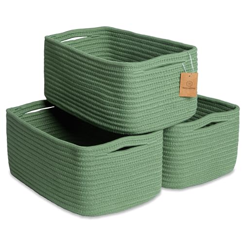 NaturalCozy 13.5”x8.5”x5.5” Rectangle Storage Baskets for Shelves 3 Pack | Cotton Rope Woven Small Baskets for Organizing | Small Storage Bins for Nursery, Bathroom, Closet, Shelf, Decorative - color: Green, size: 13.5" x 8.5" x 5.5"