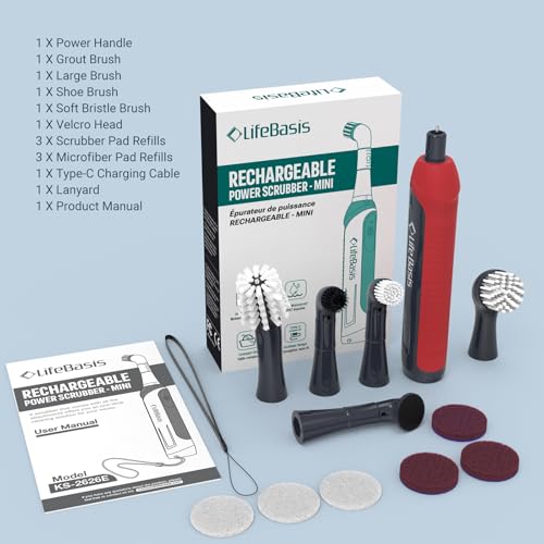LifeBasis Rechargeable Power Scrubber 11-Piece Kit, Cordless Electric Cleaning Brush, IPX7 Waterproof Electric Grout Brush for Home, Kitchen, Bathroom, Grout, Tile, Shower, Tub, Red