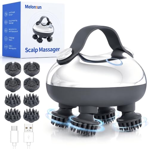 Electric Scalp Massager for Stress Relief, Anti-Tangle 360° Deep Kneading, IPX7 Waterproof for Wet & Dry Use, USB-C Rechargeable, 3 Modes, 15-Min Auto-Off, 2 Claw Sets for Massage & Cleansing