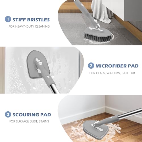 SetSail Tile Tub Scrubber Brush 3-in-1 Shower Scrubber with Adjustable Long Handle Shower Cleaner Brush and 3 Detachable Replacement Brush Heads for Cleaning Bathroom Kitchen Walls Tub Tile,Grey - color: Gray, size: 2 Pads