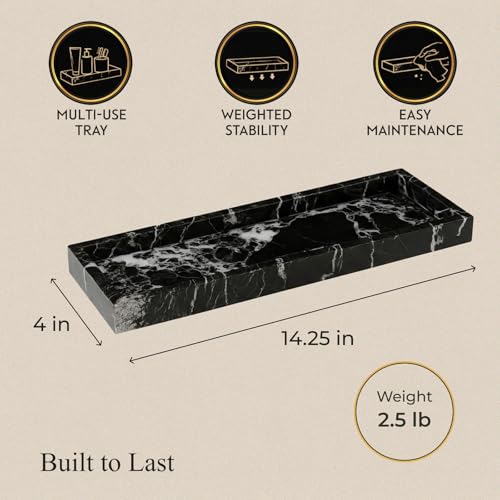 Bey-Berk Atticus Black Zebra Marble Bath Tray, 14.25" Rectangular Vanity Organizer, Bold Stone Accent - color: Black Zebra