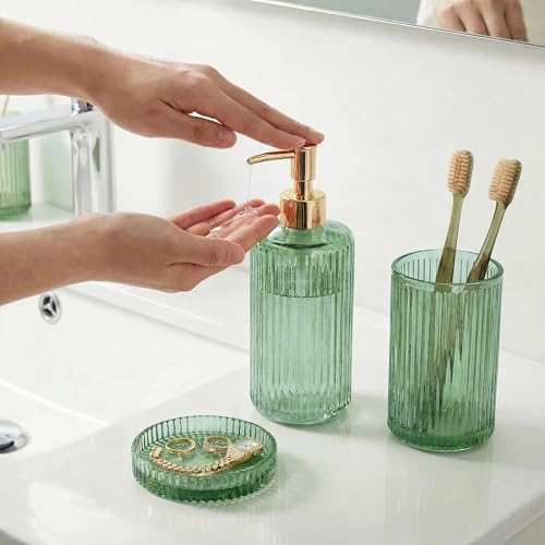 New Hensoar 3 Pcs Green Bathroom Accessories Set, Glass Bathroom Set，Soap Dispenser, Toothbrush Holder, Jewelry Tray, Crystal Modern Bathroom Decor, Housewarming Gift Set - style: 3 pcsGreen