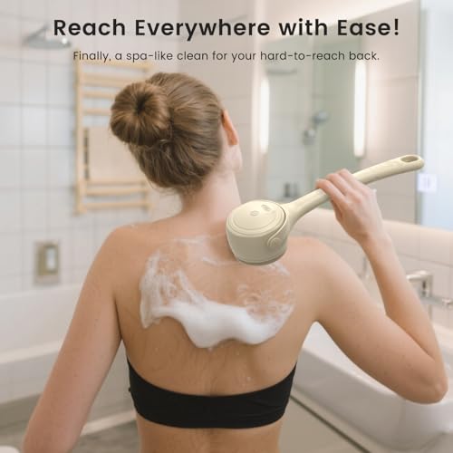 Electric Back Scrubber for Shower - Waterproof Rechargeable Exfoliating Brush for Deep Cleansing, Soft Bristles for Sensitive Skin, Dry/Wet Use for Back, Arms & Legs - color: Apricot