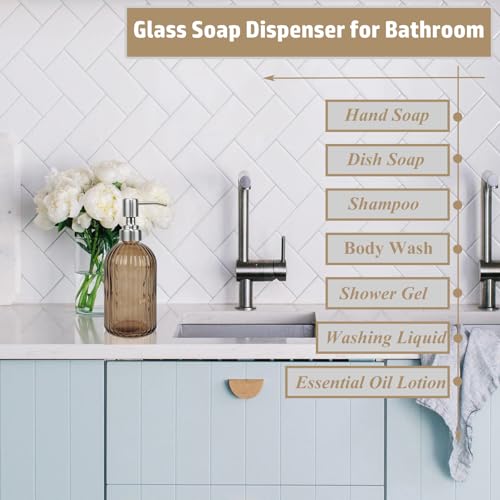 14Oz Brown Soap Dispenser Bathroom, Clear Glass Hand Soap Dispensers with Stainless Steel Pump, Refillable Dish Soap Dispenser for Kitchen, Countertop Soap Dispensers - color: Brown