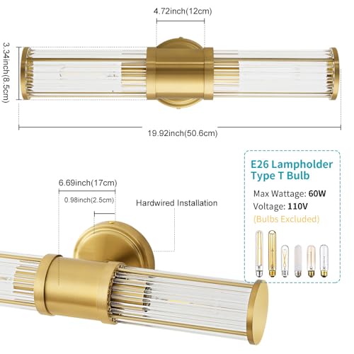 Gold Wall Sconce Bathroom Vanity Light Fixtures for Mirror, Modern Wall Light with Glass Rod Shade for Bathroom, Bedroom, Hallway, Living Room - Bulb Not Included - color: Gold-Glass Rod