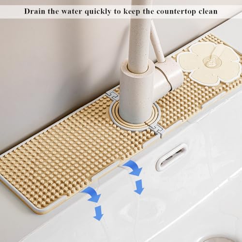 Faucet Mat for Kitchen Sink Splash Guard, 15 Inch Long Faucet Draining Mat, Detachable Kitchen Sink Faucet Mat with Adjustable Tube Holes, Soap Sponge Holder Faucet Handle Drip Catcher Tray Mat