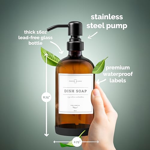 Vine Creations Amber Glass Soap Dispenser, 2 Pack Kitchen Soap Dispenser Set with Stainless Steel Pump, 16 oz Dish Soap and Hand Soap Dispensers for Bathroom with Waterproof Labels - color: Amber Bottle / Matte Black Pump