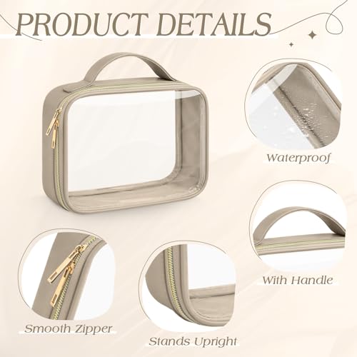 Abbylike 6 Pcs Clear Makeup Bags Bulk 7.9 x 5.9 x 2.4 Inches Quart Size Approved PU Leather Toiletry Bag with Handles Small PVC Clear Travel Cosmetic Case for Women Wedding Bridal Gifts(Kahaki) - color: Kahaki