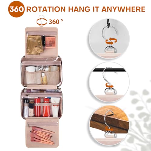 Hanging Toiletry Bag for Women Travel, 2 Sizes Large & Small Waterproof Cosmetic Organizer with 4 Compartments, Rotating Hook, Foldable Pink Travel Bag for Toiletries & Makeup - Large Pink - color: Pink, size: Large
