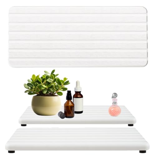 2PCS Fast-Drying Diatomite Sink Tray, Ultra-Absorbent Soap Holder for Bathroom Kitchen Countertop, Non-Slip Stone Coaster with Grooved Design & Anti-Slip Foot Pads, 8.3" x 4" x 0.4", White