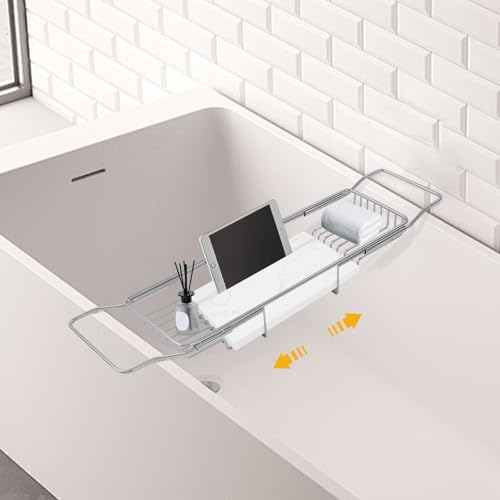 Stainless Steel Bathtub Tray for Large Soaking Tub, Metal Expandable | Wide Bath Caddy Tray for Bathtub with Natural Marble Groove for Bath Spa, Silver Frame, Adjustable range (26.77 - 35.43in) - color: Silver Frame White Marble Base