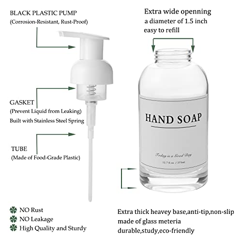 rejomiik 2 Pack Foaming Soap Dispenser Thick Glass Foam Hand Soap Dispenser for Bathroom or Kitchen Sink, 13 oz Clear Pump Bottles for Hand soap, Body Wash, White - color: White