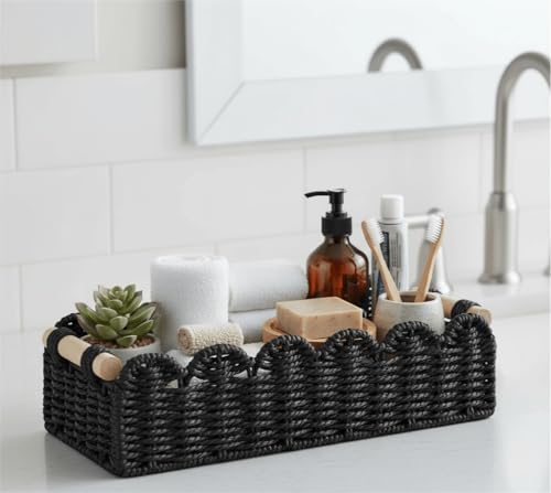 CubesLand Bathroom Basket Organizer, Toilet Tank Paper Storage Baskets 2-Pack, Scalloped Decorative Basket for Countertop w/Handle, Wicker Basket for Bathroom Decor, Home Decor, Living Room, Black - color: Black