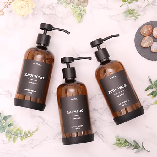 Shampoo and Conditioner Dispenser Set of 3,Refillable 21oz Shampoo Bottles with Non-Slip Protective Silicone Pad,Shower Soap Dispenser with Waterproof Labels for Bathroom (Amber) - color: Amber Bottles + Black Pumps