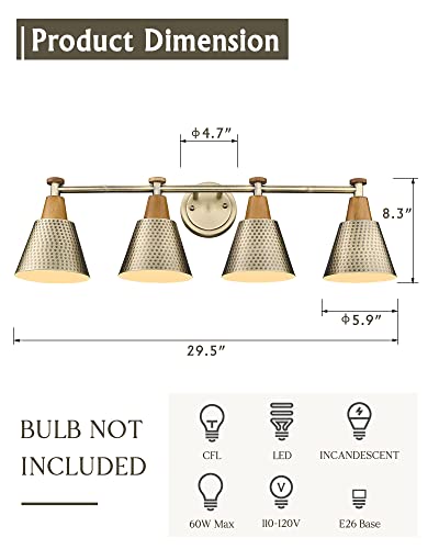 FEMILA Vanity Lights, 4-Lights Bathroom Light Fixtures Over Mirror, Antique Brass Wall Sconces Lamp with Hammered Metal Shade Finish, 4FG59B-4W BG - color: Gold, size: 30"