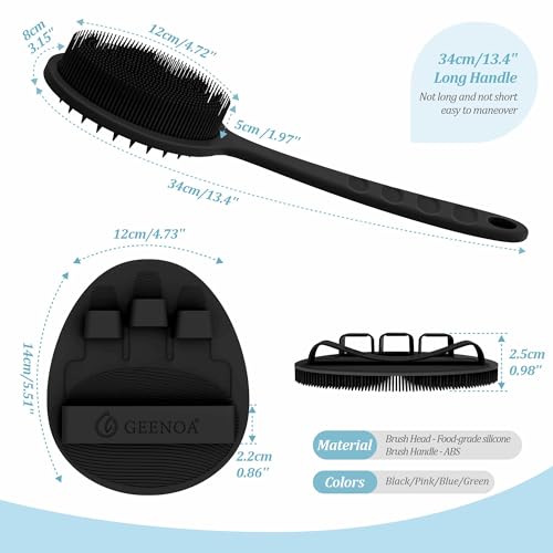 Silicone Back Scrubber & Bath Glove Set 2PCS, 13.4'' Gentle Shower Back Scrubber with Dual-Side Head Non-Slip Handle, 360° Anti-Slip Hand-fit Bath Glove for Rich Foaming Deep Cleaning(Black) - color: Black*2