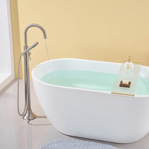 Wowkk Free Standing Tub Faucet Brushed Nickel Freestanding Bathtub Faucet Floor Mount Brass Bathroom Tub Filler with Hand Shower - color: Brushed Nickel, style: Modern