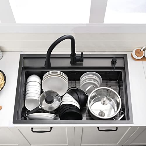 33 Inch Black Drop In Kitchen Sink - VOKIM33 x22 Inch Drop In/To pmount sink Workstation Splash Guard Stainless Steel 16 Gauge 10'' Deep Single Bowl Sink with Cutting Board & Strainer - color: Black（Splash Guard）, size: 33"L x 22"W x 10"D