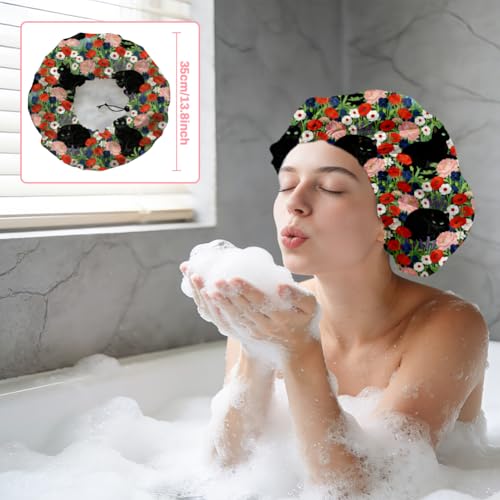 Black Cat Reusable Shower Cap Flower Double Layer Waterproof Shower Caps Large Elastic Hair Cover Adjustable Hair - Drying Caps for Woman Man Bath SPA Travel One Size Fits Most - color: Black Cat