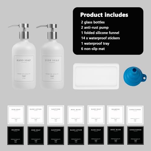 Glass Soap Dispenser Bathroom - Kitchen Dish Hand Soap Dispenser Set, Liquid Soap Lotion Dispenser with Tray, Hand Soap and Lotion Dispenser, White Bottle/Silver Pump-pd - color: White Bottle/Brushed Silver Pump + Tray