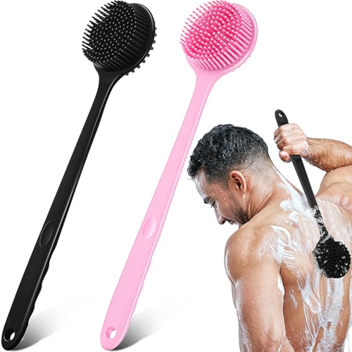 Sunnyray 2 Pack Silicone Back Scrubber for Shower with 15" Long Handle Double-Sided Bath Body Brush for Exfoliating Easy to Clean Quick Dry Deep Cleaning Lathers Well(Pink,Black) - color: Pink,black