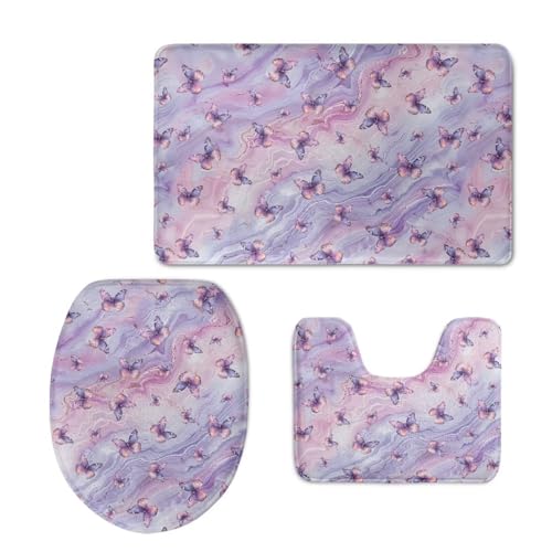 Butterfly Bathroom Rug Set Marble Texture Bathroom Rugs Sets 3 Piece Non-Slip 3 Piece Bathroom Rug Set Bathroom Toilet Seat Covers Toilet Seat Cover Set for Home Non-Slip Bathroom Mat Set - color: Butterfly Marble Texture