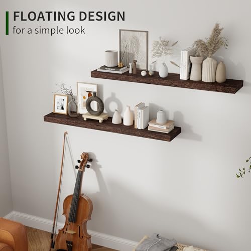 Marsmiles Wood Floating Shelves for Wall Set of 2, 36 Inch Wide Rustic Wooden Floating Shelves, Invisible Wall Mounted Display for Living Room Bedroom Kitchen Bathroom Office, Rustic Brown - color: Rustic Brown, size: 36Inch, Set of 2, (1-2/5"H)