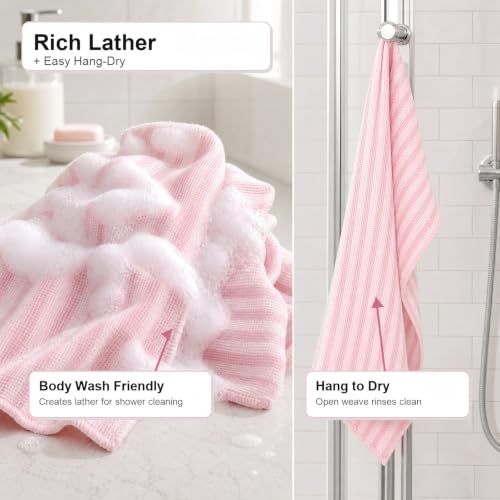 Exfoliating Shower Towel, Cotton-Blend Back Scrubber（Pink） | 39 x 10 in, dual-sided texture, quick-dry mesh, washable for home, gym, travel - color: Pink