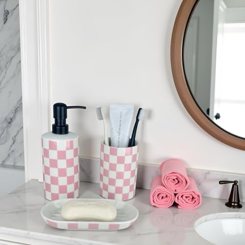Pink Bathroom Toothbrush holder set, Cute Ceramic Bathroom Accessories, Includes Hand Soap Dispenser, Tooth Brush Holder, and Soap Dish, Funny Bathroom Accessories sets for Girls Woman Guest Bathrooms - color: Girly Pink