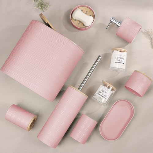 IMAVO Bathroom Accessory Set-11Pcs Pink Bathroom Accessories Set with Trash Can,Soap Dispenser,Soap Dish,Toothbrush Holder,Toothbrush Cup,Toilet Brush Holder,Qtip Holder Dispenser with Labels - color: Pink, size: 11 PCS Bathroom Set