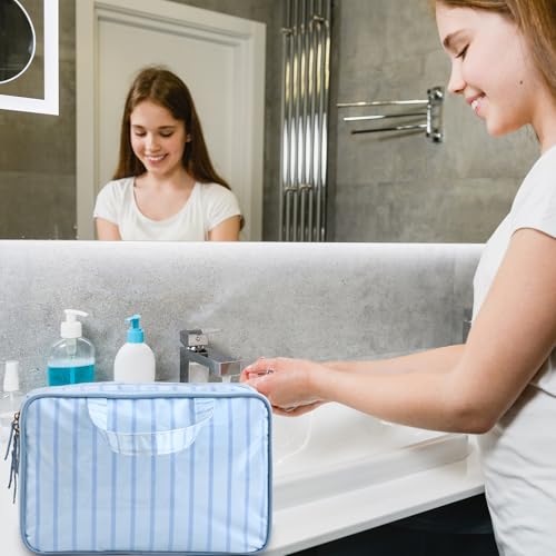 Travel Toiletry Bag for Women, Waterproof Clear Coated Portable Stripe Makeup Cosmetic Bag with Compartment, Travel Organizer for Shampoo, Conditioner, Brushes Set,Cosmetic Accessories(Blue Stripe) - color: Blue Stripe