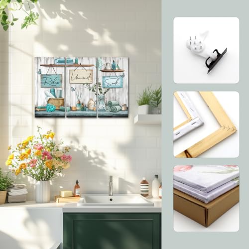 sechars Bathroom Wall Art Relax Unwind Soak Signs Canvas Prints Teal Spa Decor, 8x16 Inches Each, Framed (Teal) - color: Teal