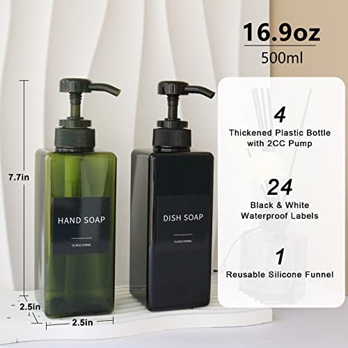 Soap Dispenser with Waterproof Labels, Thickened Plastic Hand Soap Dispenser for Bathroom, Kitchen Dish Washing Liquid Bottles, Shampoo and Conditioner Bottles with Funnel (16oz 4Pack Black Green) - color: 2 Black + 2 Green