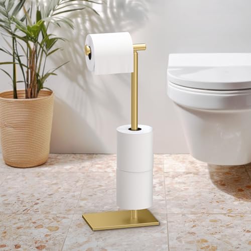 Gatco 1443B, Modern Rectangle Base Freestanding Toilet Paper Holder with Storage, 21.13”H, Brushed Brass - color: Brushed Brass, 21.13"h
