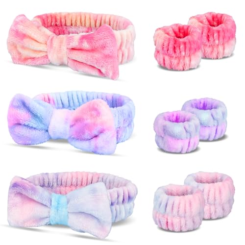 WSYUB Face Washing Headband and Wristbands Set, Headband and Writ Bands for Washing Face,Spa Headbands for Girls, 9pcs - color: Tie-dye Purple,Pink and orange