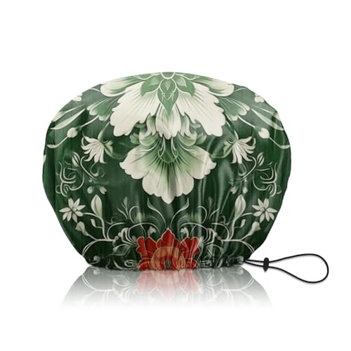 Shower Cap Adjustable Waterproof Double Layer Elastic Reusable Hair Bath Cap Cute Aesthetic for Women Girls-Green Flower - color: R5-Green Flower