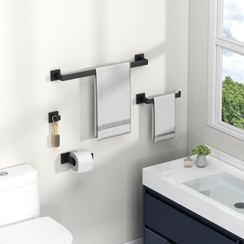 Bathroom Hardware Set Matte Black, Angle Simple Stainless Steel Bath Accessory Kit, 4 Pieces - Towel Hook, Toilet Paper Holder, Towel Holder and Towel Bar - color: Matte Black