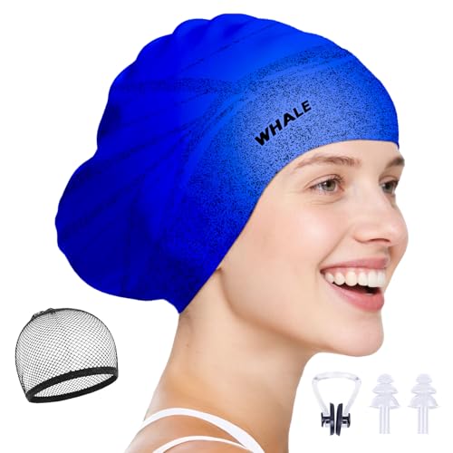 WHALE Extra Large Swim Cap Designed for Men and Women with Thick, Long Hair, Hair Extensions Or Afro-Textured Hair Long-Hair Swim Cap Highly Waterproof to Keep Hair Dry - color: Deep Sea Blue