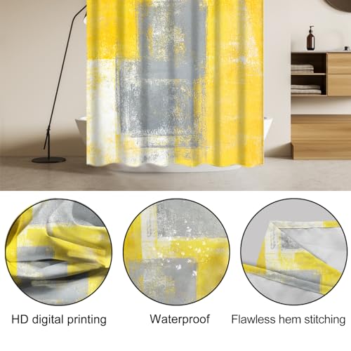 Lnond 4Pcs Bathroom Shower Curtain Sets with Rugs,Yellow and Grey Painting Art Bathroom Sets with Shower Curtain and Rugs and Accessories - color: Yellow Grey Abstract-01