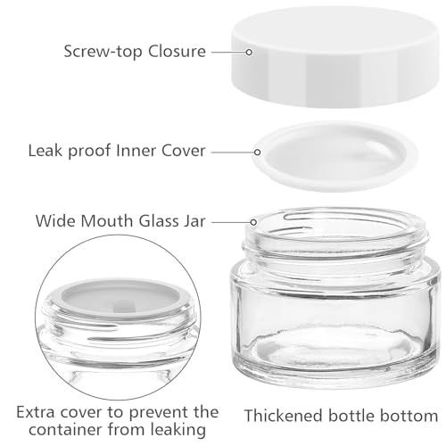 Accmor 10 Pcs Mini Glass Jars with Lids, 0.18/0.35/0.53/0.7/1 OZ Makeup Travel Containers with Inner Liners & 5 Spatulas, LeakProof Reusable Makeup Sample Container for Creams, Lotion, Essential Oils - color: White