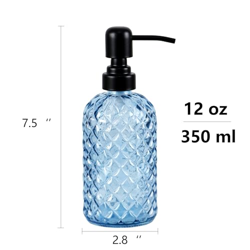 12Oz Glass Soap Dispenser with 304 Black Rustproof Stainless-Steel Pump, Refillable Glass Soap Dispenser for Kitchen, Bathroom, Farmhouse (Blue) - color: Blue