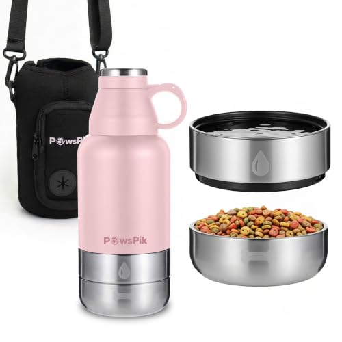 PawsPik 3-in-1 Travel Dog Water Bottle & Bowl Set, 32oz, Pink | Stainless Steel Vacuum-Insulated Bottle with Detachable Food & Water Bowls, Leak-Proof, Keeps Water Cold 12hrs/Hot 6hrs - color: Cherry Blossom Pink