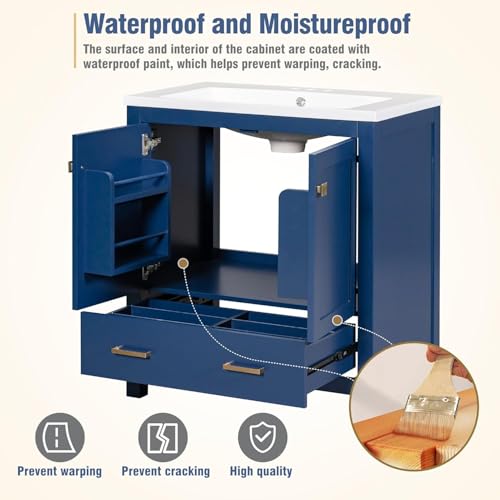 Linique 30" Modern Bathroom Vanity with Sink Combo Set, Solid Wood Frame Bathroom Storage Cabinet with 2 Soft Closing Doors and a Drawer, Multifunctional Storage, Blue - color: Blue