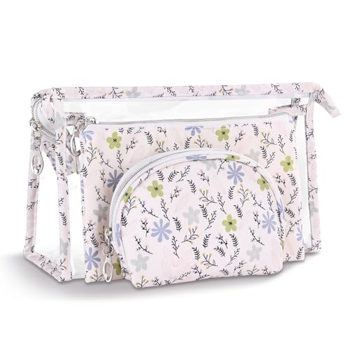 Richeart Makeup Bag, Clear Bag with Zipper, 3PC Floral Flowers Makeup Pouch, Waterproof Small Pouch, Portable Travel Toiletry Bag, D - style: D