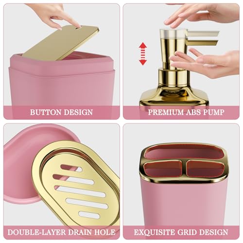 Bathroom Set - 11PC Bathroom Accessory Set, Bathroom Accessories Set, Pink Bathroom Set, Push-lid Trash Can, 3PC Soap Dispensers, Toilet Brush & Q-tip Holders - color: Pink & Gold, size: Bath Set
