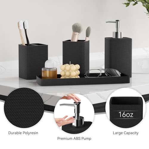 Resin Black Bathroom Sets, Black Bathroom Accessories Set with Shower Curtain, Bath Towel Set, Natural Loofah Sponge, Soap Dispenser, Toothbrush Holder, Bathroom Tumbler and Tray for Countertop - size: Bath Set+Shower Curtain+Towel Set+2PCS Loofah, style: