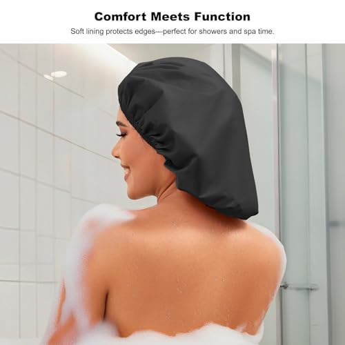 2 Pack Shower Caps for Women, Reusable Waterproof Shower Cap with Elastic Band, Thickened Waterproof Fabric Shower Bonnet for Braids, Long Hair (Black and Blue) - color: Color 02